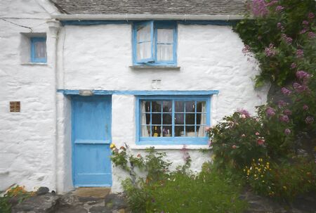Painterly image of a Cottage at Cadgwith Cove, Cornwall, England.の写真素材