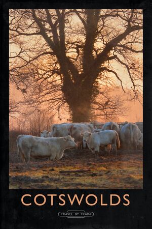 Vintage railway style poster with aged marks and painterly finishの写真素材