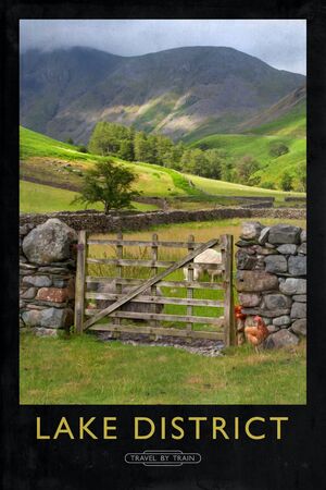 Vintage railway style poster with aged marks and painterly finishの写真素材