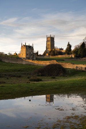 The old Banqueting House and church, Chipping Campden, Cotswolds, Gloucestershire, Englandの写真素材