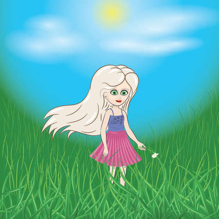 The girl in the field Sunny day, the girl walks through the green meadow and collects flowersのイラスト素材