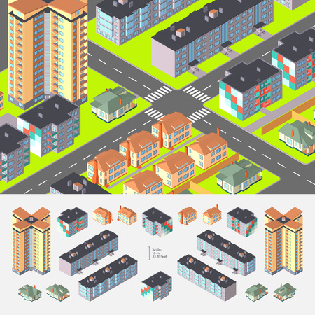 Isometric Dwelling Buildings. Editable with elements logically layeredのイラスト素材