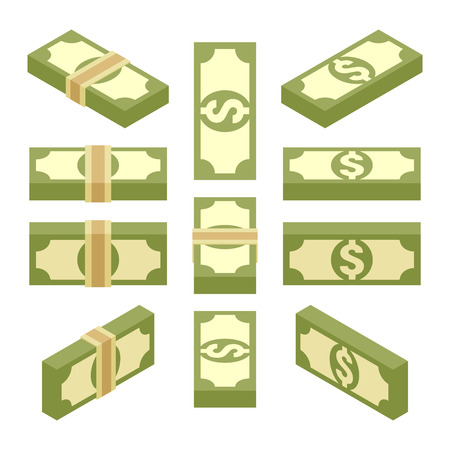 Set of the isometric bundles of paper money. The objects are isolated against the white background and shown from different sidesのイラスト素材