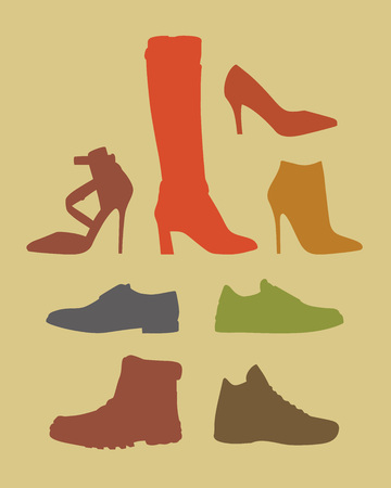 Multicolor silhouettes of different footwear tipes against the beige backgroundのイラスト素材