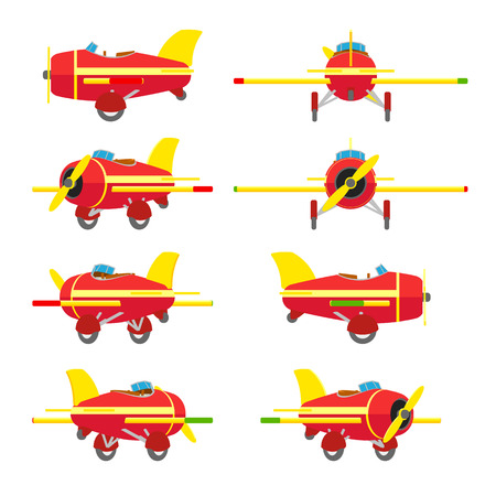 Red and yellow Toy Airplane. The objects are isolated against the white background and shown from different sidesのイラスト素材