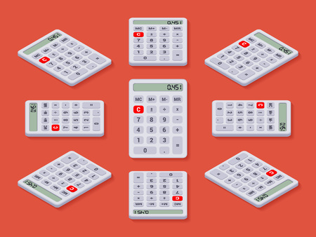 Set of white isometric calculators. The objects are isolated against the red background and shown from different sidesのイラスト素材