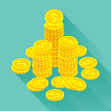 Isometric golden coins on the teal backgroundのイラスト素材