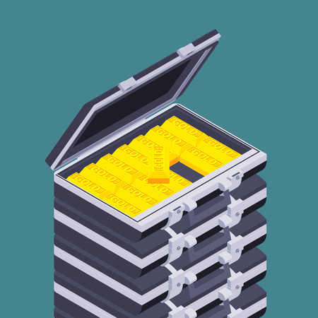 Isometric open briefcase with the golden bars against the dark-blue backgroundのイラスト素材