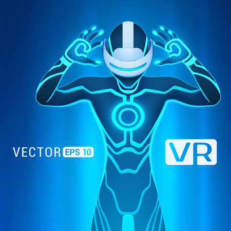 A man in a virtual reality helmet. Futuristic males figure in a VR headset against the blue abstract backgroundのイラスト素材