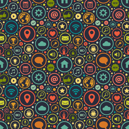 Seamless pattern with icons on various themes against the black backgroundのイラスト素材