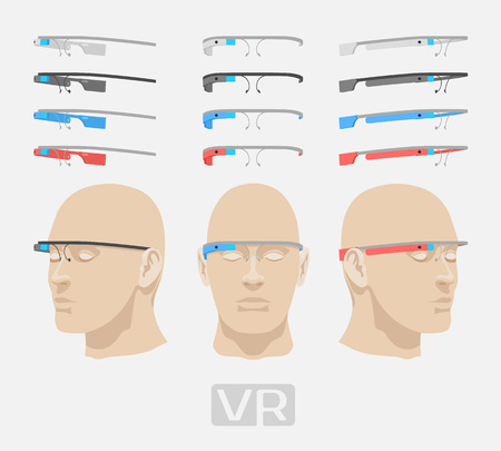 Augmented reality glasses of different colors. The objects are isolated against the white background and shown from different sidesのイラスト素材