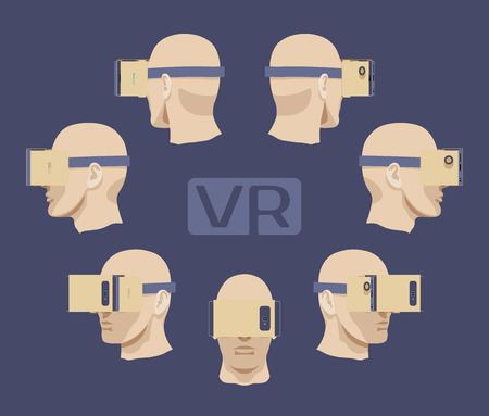 Set of the cardboard virtual reality headset on the males head. The objects are isolated against the dark-violet background and shown from different sidesのイラスト素材