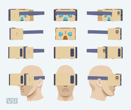 Set of the cardboard virtual reality headsets. The objects are isolated against the white background and shown from different sidesのイラスト素材