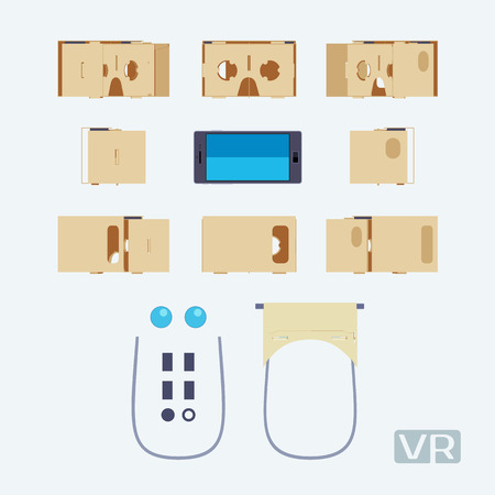 Parts of the cardboard virtual reality headset. The objects are isolated against the white background and shown from different sidesのイラスト素材