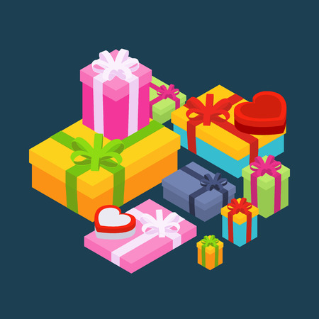 Isometric colored gift boxes against the dark-blue background. Illustration suitable for advertising and promotionのイラスト素材