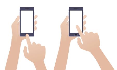 Hand holding black smartphone, touching blank white screen against the white backgroundのイラスト素材