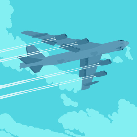 Heavy bomber against the blue sky with clouds. Illustration suitable for advertising and promotionのイラスト素材