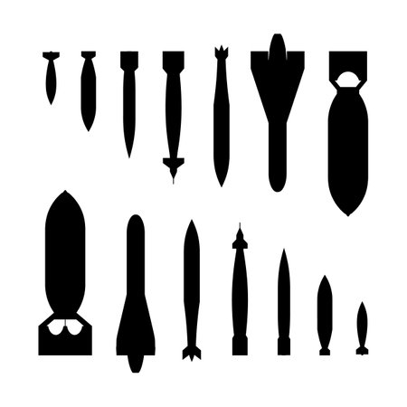 Set of the air bombs silhouettes. The objects are isolated against the white background and shown from two sidesのイラスト素材