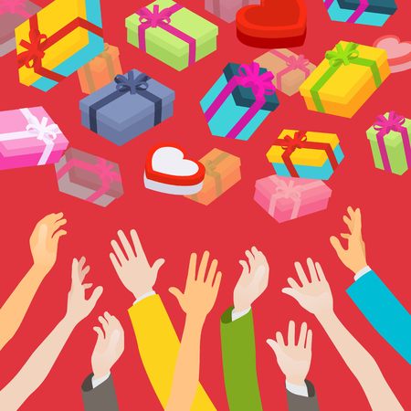 Hands catching the falling gift boxes. Illustration suitable for advertising and promotionのイラスト素材