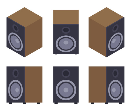Set of the audio speakers. The objects are isolated against the white background and shown from different sidesのイラスト素材