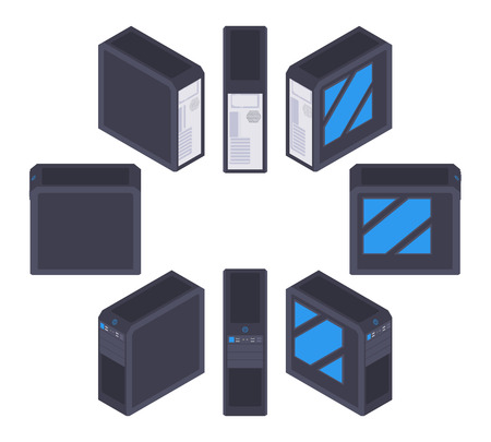 Set of the isometric black PC cases. The objects are isolated against the white background and shown from different sidesのイラスト素材