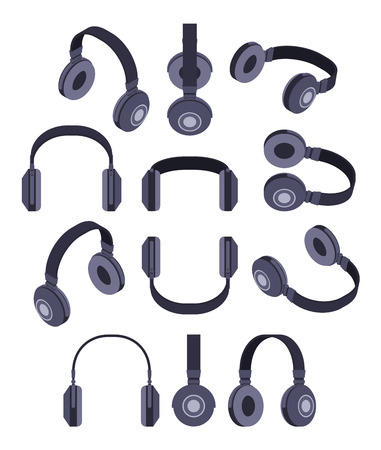 Set of the isometric black headphones. The objects are isolated against the white background and shown from different sidesのイラスト素材