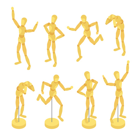 Isometric wooden mannequins. The objects are isolated against the white background and shown in various posesのイラスト素材