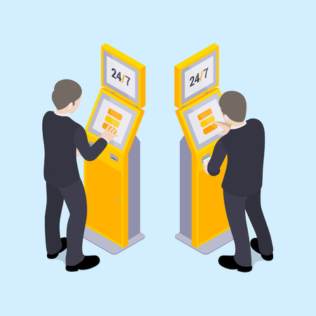 Man in black suit near the payment terminal. Illustration suitable for advertising and promotionのイラスト素材