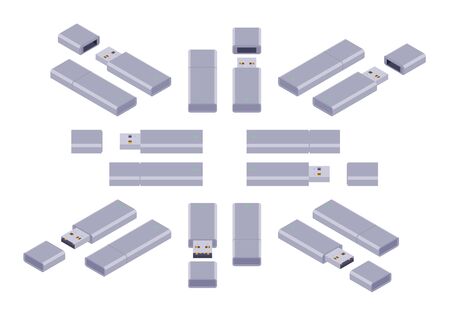 Set of the isometric USB flash-drives. The objects are isolated against the white background and shown from different sidesのイラスト素材
