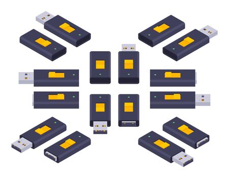 Set of the isometric USB flash-drives. The objects are isolated against the white background and...