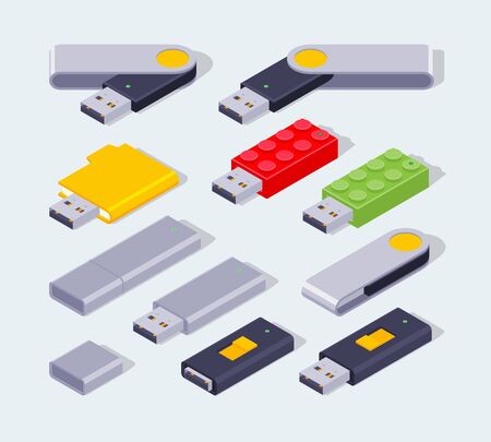 Set of the isometric USB flash-drives. The objects are isolated against the pale-blue background and shown from one sideのイラスト素材