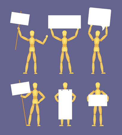 Wooden mannequins with the blank white signs. The objects are isolated against the violet-grey background and shown in various posesのイラスト素材