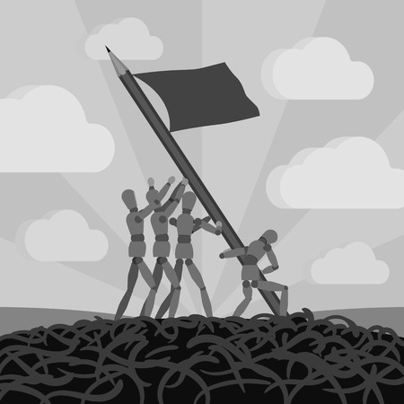 Wooden men establishing the pemcil-flag. Conceptual illustration suitable for advertising and promotionのイラスト素材