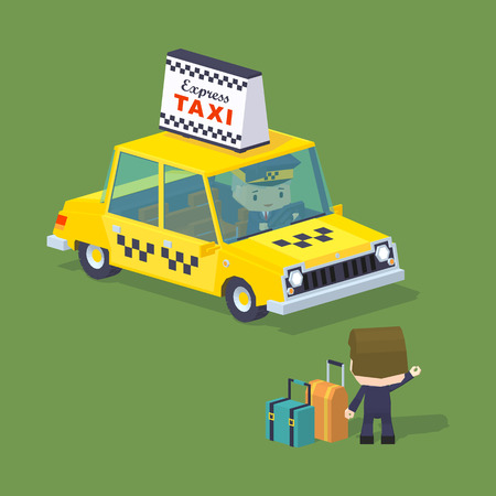 Cube World. Traveler with the suitcases trying to hail a taxi. Illustration suitable for advertising and promotionのイラスト素材