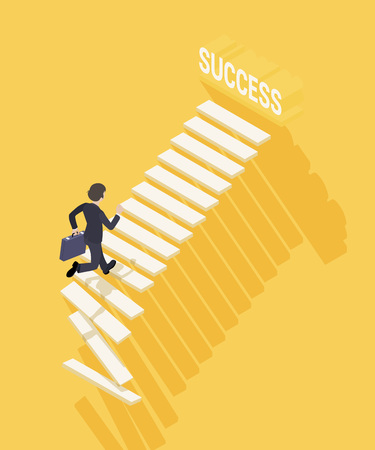 Way to success in business. Businessman with the briefcase climbing the stairs to success. Conceptual illustration suitable for advertising and promotionのイラスト素材