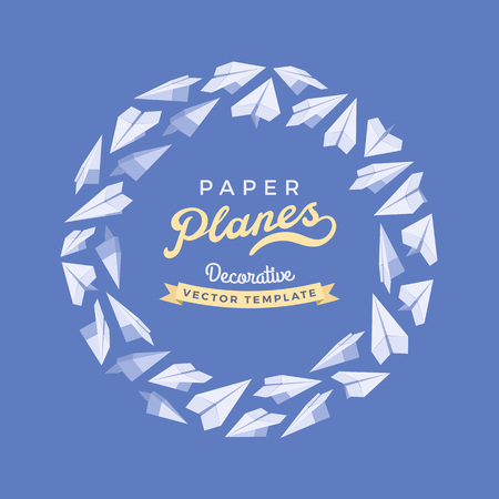 Vector decorating design made of paper planes. Blue and white card template with copy spaceのイラスト素材