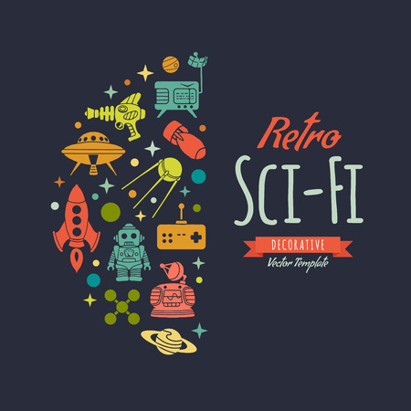 Retro Sci-Fi vector decorating design. Colorful card template with copy spaceのイラスト素材