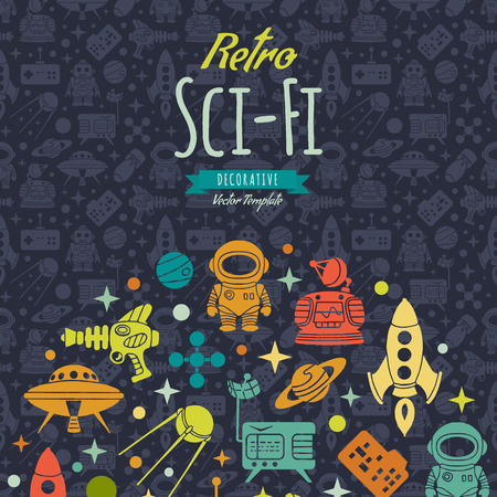 Retro Sci-Fi vector decorating design. Colorful card template with copy spaceのイラスト素材