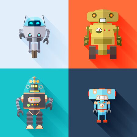 Set of the toy robots with long shadows against the multi-colored backgroundのイラスト素材