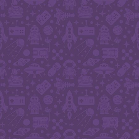 Sci-fi retro pattern. Monochrome objects on the dark-violet backgroundのイラスト素材
