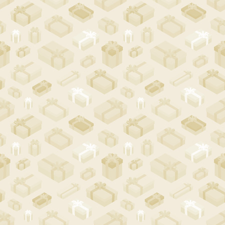 Seamless pattern with the isometric pale-colored gift boxes against the beige background. The layout is fully editableのイラスト素材