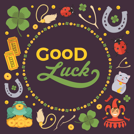 Vector decorating design made of Lucky Charms, and the words Good Luck. Colorful card template with copy spaceのイラスト素材