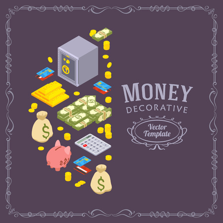 Vector decorating design made of objects related to finance. Colorful card template with copy spaceのイラスト素材