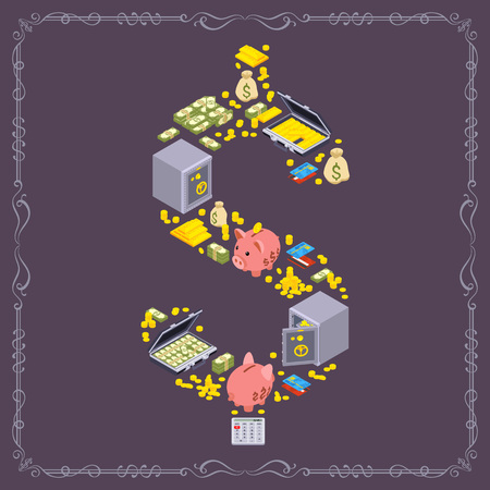 Dollar symbol-shape vector decorating design made of objects related to finance. Colorful card templateのイラスト素材