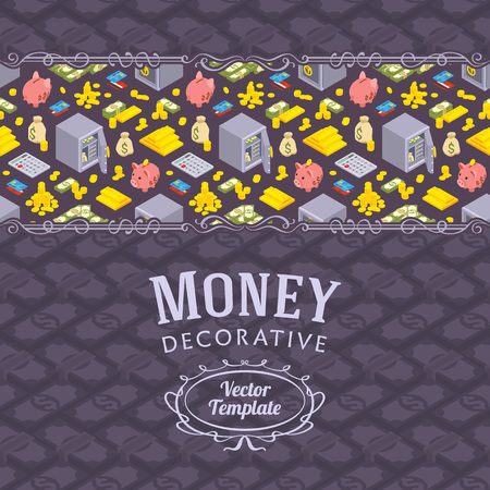 Vector decorating design made of objects related to finance. Colorful card template with copy spaceのイラスト素材