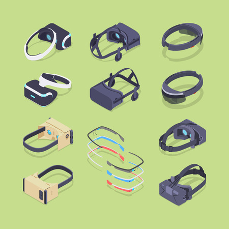 Isometric virtual and augmented reality headsets. The objects are located on the green background and shown from two sidesのイラスト素材