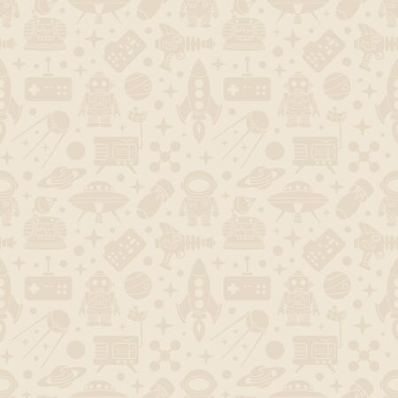 Sci-fi retro pattern. Monochrome objects against the light-beige background. The layout is fully editableのイラスト素材