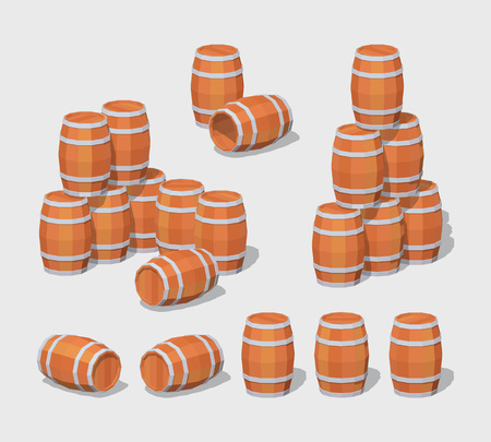 Cube World. 3D lowpoly isometric wooden barrels. The set of objects isolated against the gray background and shown from different sidesのイラスト素材