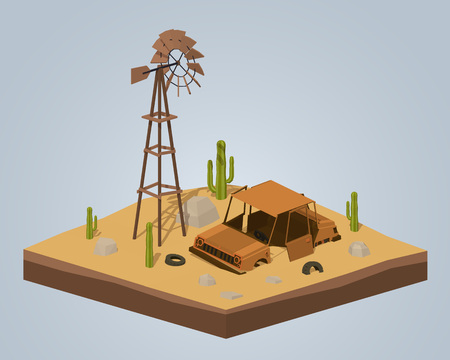 Old rusty car in the desert. 3D low-poly isometric concept illustration suitable for advertising and promotionのイラスト素材