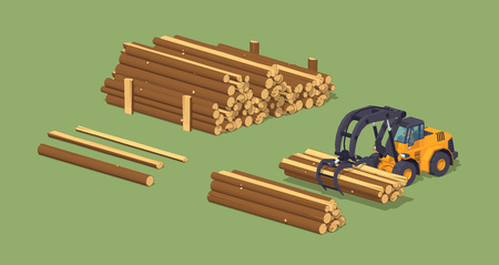 Log loader and the log piles. 3D lowpoly isometric vector concept illustrationのイラスト素材